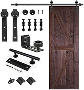 S&Z TOPHAND 28x84 in Brown British Brace Knotty Barn Door with 5FT Sliding Hardware Kit