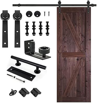 S&Z TOPHAND 28x84 in Brown British Brace Knotty Barn Door with 5FT Sliding Hardware Kit