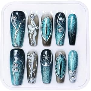 CAMILCY Press on Nails Handmade Long Coffin Armor Cat's Eye Blue Diamonds A048 Review