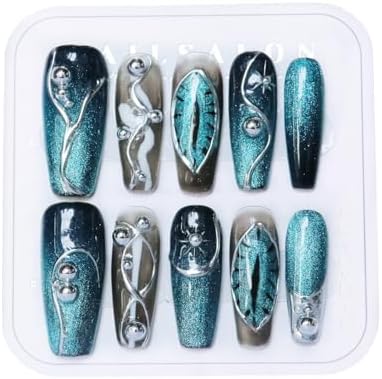 CAMILCY Press on Nails Handmade Long Coffin Armor Cat's Eye Blue Diamonds A048