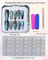 CAMILCY Press on Nails Handmade Long Coffin Armor Cat's Eye Blue Diamonds A048 — image 3