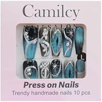 CAMILCY Press on Nails Handmade Long Coffin Armor Cat's Eye Blue Diamonds A048 — image 6