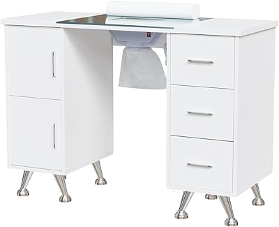 OmySalon Manicure Table Nail Desk with Glass Top & Wrist Rest, White
