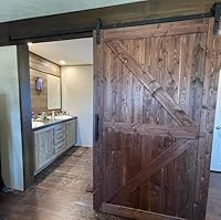 S&Z TOPHAND 28x84 in Brown British Brace Knotty Barn Door with 5FT Sliding Hardware Kit — image 5