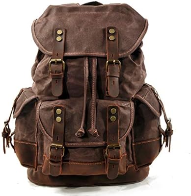 WUDON Men Travel Backpack, Genuine Leather-Waxed Canvas Shoulder Hiking Rucksack