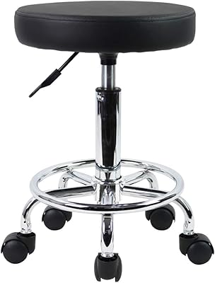 KKTONER PU Leather Round Rolling Stool with Foot Rest