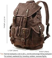 WUDON Men Travel Backpack, Genuine Leather-Waxed Canvas Shoulder Hiking Rucksack — image 2
