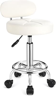 FNZIR Swivel Rolling Spa Stool with Backrest, White