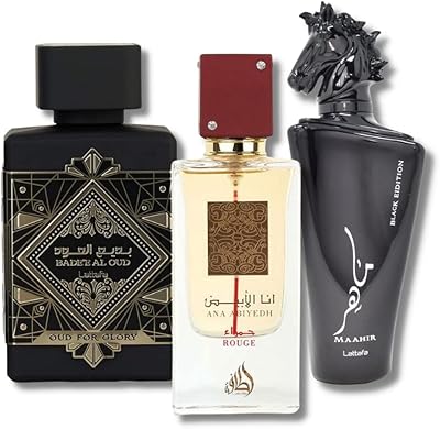 Lattafa Perfumes Bade'e Al Oud For Glory, Maahir Black & Ana Abiyedh Rouge EDP 100mL