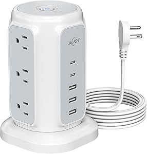AiJoy Flat Plug Power Strip Tower with 9 Outlets and 5 USB Ports