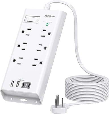 Addtam 10ft Flat Plug Extension Cord with 6 Outlets and 4 USB Ports