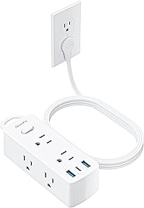 Olcorife 20ft Flat Extension Cord with 6 Outlets & 3 USB Ports