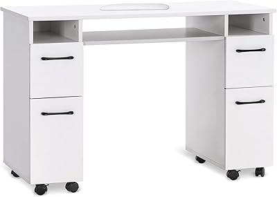 BarberPub Manicure Table with Wheels, White