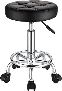 HMTOT Round Rolling Stool with PU Leather Seat, Height Adjustable, Swivel, Black