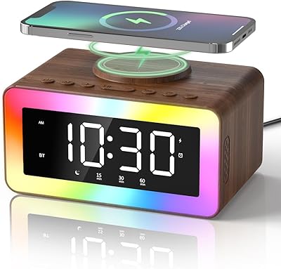 Bitswolee Wooden Digital Alarm Clock with Wireless Charging and Bluetooth Speaker