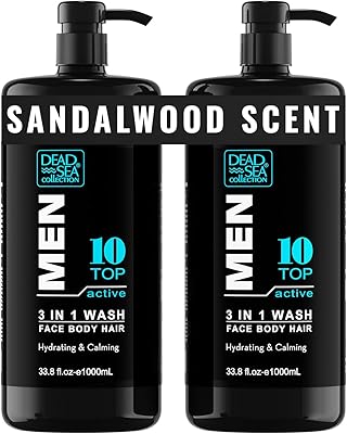 Dead Sea Collection TOP 10 ACTIVE Men's Body Wash 3 in 1 – Sandalwood – 33.8 Fl. Oz. (2-Pack)