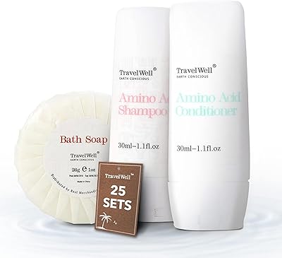 Travel Well Hotel Amenities Shampoo and Conditioner Set with Soap Bars, 30ml (25 Bottles)