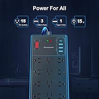 IECOPOWER 15ft Surge Protector Power Strip with 15 Outlets & 4 USB Ports — image 2