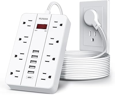 HUNIAN 10 Ft Extension Cord Power Strip with 8 Outlets and 6 USB Ports