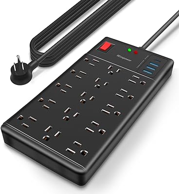 IECOPOWER 15ft Surge Protector Power Strip with 15 Outlets & 4 USB Ports