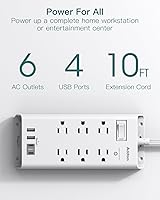 Addtam 10ft Flat Plug Extension Cord with 6 Outlets and 4 USB Ports — image 2