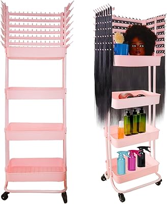 TUOCCI Braiding Hair Rack with 196 Pegs, 4-Tier Storage Cart in Pink