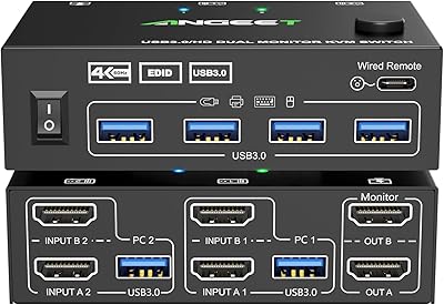 ANGEET HDMI KVM Switch 2 Monitors 2 Computers 4K@60Hz
