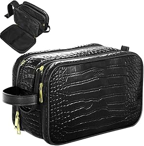Dot&Dot Leather Toiletry Bag for Men Women - Black Croc, Large