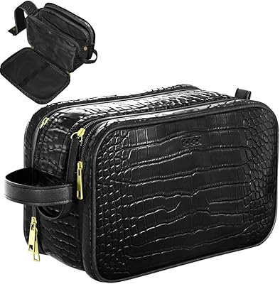 Dot&Dot Leather Toiletry Bag for Men Women - Black Croc, Large