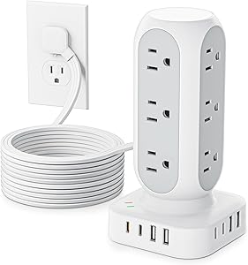 TenTrend Flat Plug Power Strip Tower 10FT with 12 AC Outlets and 8 USB Ports