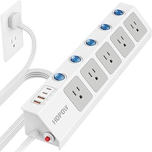 HOPOW Flat Plug Power Strip with Individual Switches, 10 Ft Extension Cord
