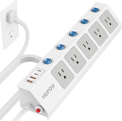 HOPOW Flat Plug Power Strip with Individual Switches, 10 Ft Extension Cord
