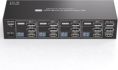 TJCXELE 4K 144Hz HDMI + DisplayPort KVM Switch for 4 Computers, 3 Monitors