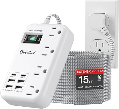 Beeiker 15 Ft USB Surge Protector Power Strip