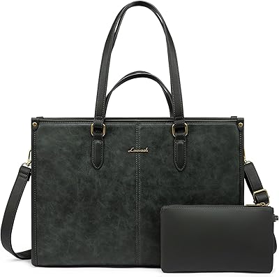 LOVEVOOK Vintage Leather Laptop Tote Bag with Clutch - 15.6 Inch