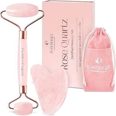 PLANTIFIQUE Rose Quartz Face Roller and Gua Sha Set