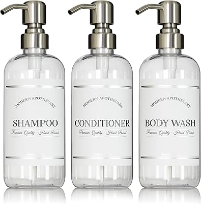 Artanis Home Refillable Shampoo and Conditioner Bottles - 16oz, 3 Pack with Stainless Steel Pumps