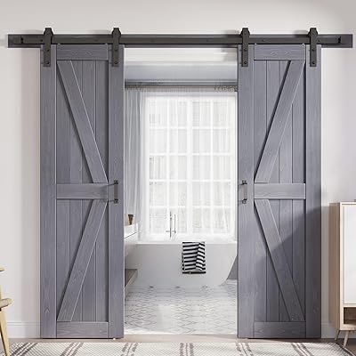 FREDBECK Gray Double Barn Door 48×84 Inch with 8FT Hardware Kit