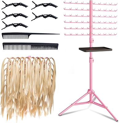 DUHARS 120-Peg Braiding Hair Rack with Tray and Adjustable Stand, Pink