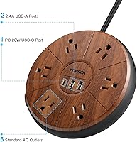 TOPREK Power Strip with USB, 6 Outlets, 20W USB-C Fast Charging — image 8