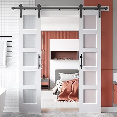 EaseLife 36 x 84 inch Double Glass Barn Door with Sliding Hardware Kit