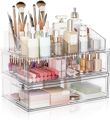 Aurblozen Clear Stackable Makeup Organizer with Drawer