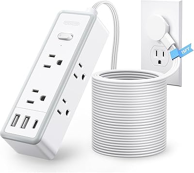NTONPOWER Flat Plug Power Strip 15 ft Extension Cord Surge Protector