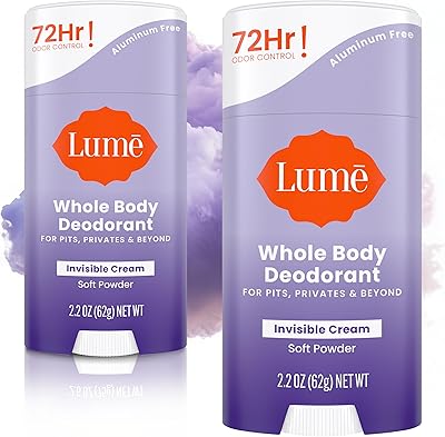 Lume Whole Body Deodorant Invisible Cream Stick, Soft Powder, 2.2oz (Pack of 2)