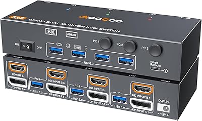 AOOCOO 8K 3 PC 2 Monitor KVM Switch