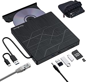 PeroBuno External CD DVD Drive with Ethernet Adapter and USB Hub