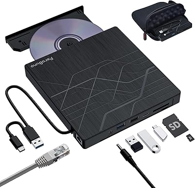 PeroBuno External CD DVD Drive with Ethernet Adapter and USB Hub