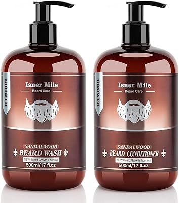 ISNER MILE Beard Wash & Conditioner Set - 17oz Biotin, Argan & Jojoba Oils, Sandalwood Scent