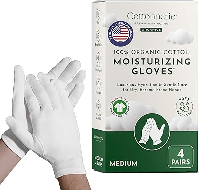 Cottonnerie Organic Cotton Gloves for Dry Hands Sleeping, Medium, 4 Pairs