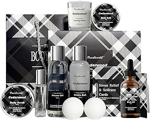 PEARLWORLD 12Pcs Men's Spa Gift Set - Cedarwood Bath & Body Care Kit